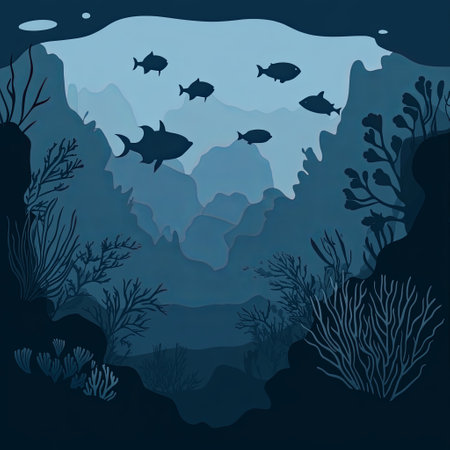 Simple illustration of an underwater scene with silhouettes of fish and coral. Simple flat shapes, colors. Flat color background, dark blue tones, simple design elements.の素材