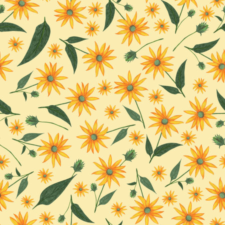 Topinambur Flower Seamless Pattern. Hand Drawn Floral Digital Paper on Yellow Background.