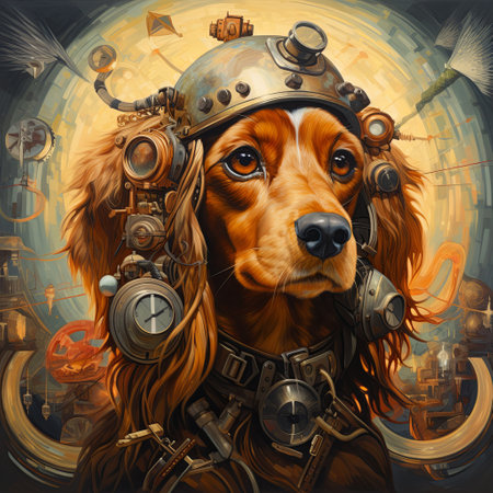 Portrait of a steampunk dog wearing a helmet with gears and cogs on a sepia backgroundの素材