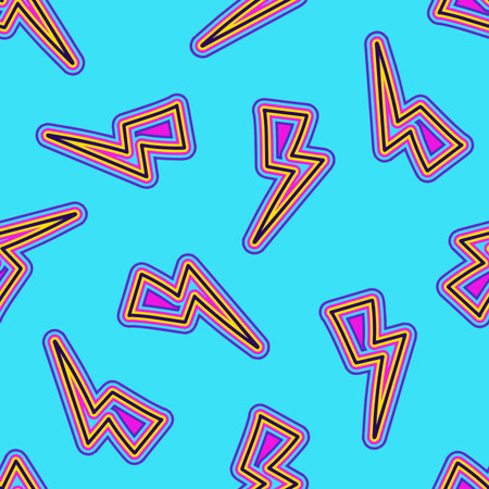 A seamless pattern with groovy hippie thunderbolt elements and geometric shapes in bright colors on a blue background. Great for backgrounds, wrapping paper, and fabric.の写真素材