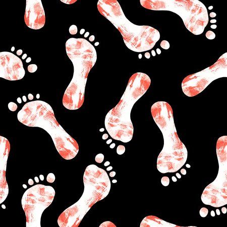 Red Footprints Pattern on Black Backgroundの写真素材