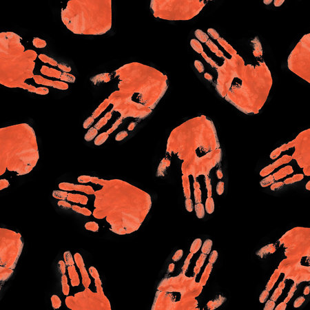 A striking pattern of handprints on a black background, creating a bold and dramatic visual effect.の写真素材