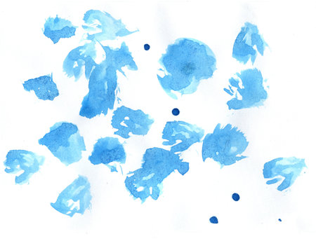 A beautiful watercolor illustration showcasing blue abstract blots on a clean white paper background. Perfect for artists and designers seeking unique and inspiring design elements.の写真素材