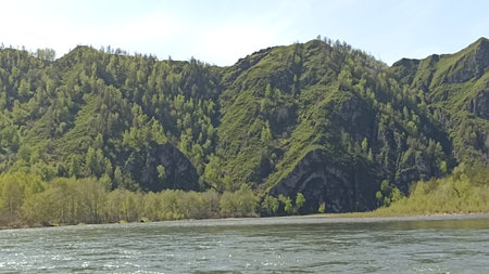 Discover a peaceful river flowing through a lush green forest, framed by a stunning rocky cliff. Ideal for tourism and inspiration, this scene captures the beauty of nature.の写真素材