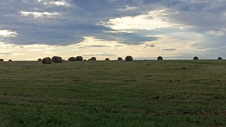 A picturesque rural scene featuring golden hay bales across a lush green field, complemented by a dramatic cloudy sky at sunset, perfect for agricultural or nature-themed projects.の写真素材
