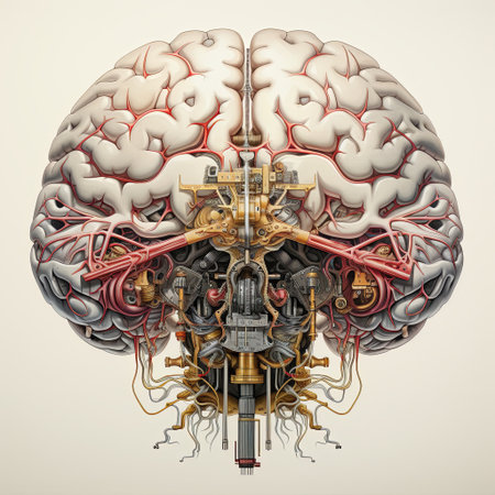 A human brain intertwined with mechanical elements, representing the fusion of artificial intelligence and robotics. Perfect for technology and science-themed projects.の素材