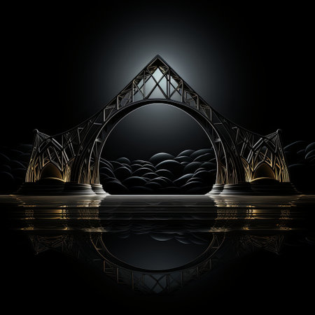 A beautifully crafted archway stands tall, its detailed architecture mirrored in the calm water below. The stunning lighting highlights its features, creating an enchanting atmosphere.の素材