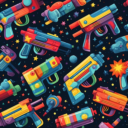 A colorful pattern showcasing retro-futuristic blasters and ray guns. Ideal for sci-fi projects, fabric designs, wallpaper, posters, and video games, adding a touch of nostalgia.の素材