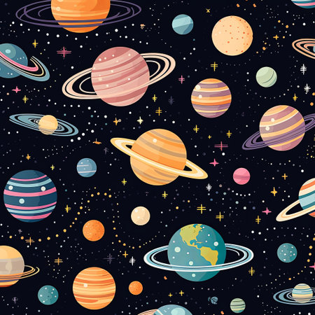 Explore a whimsical universe with this pattern showcasing planets, stars, comets, and celestial elements. Ideal for children s decor, wallpapers, and projects needing cosmic charm.の素材