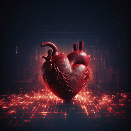 A striking image of a textured red heart against a backdrop of glowing red circuitry, symbolizing the intersection of technology and health. Perfect for medical or tech-related themes.の素材