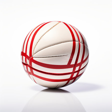 A modern retro styled white and red striped ball is isolated on a white background. It can be used in sport and physical activity related projects, advertising, design, and creative mockup concepts.の素材