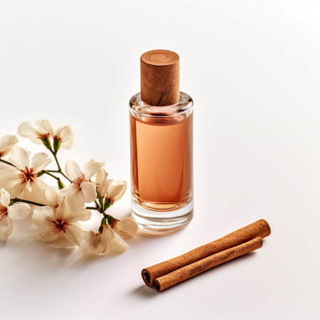 A close-up of a clear glass bottle with a wooden lid, filled with amber liquid. Surrounding it are delicate white flowers and aromatic brown cinnamon sticks, creating a serene and inviting atmosphere.の素材