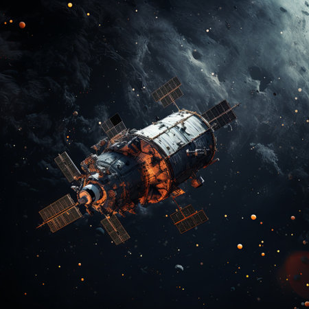 A state-of-the-art satellite orbits the Earth, demonstrating advanced technology for communication and observation. This represents the forefront of space exploration and innovation.の素材