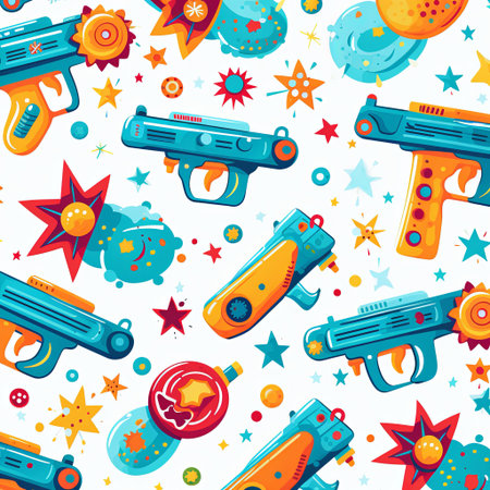 A vibrant pattern featuring cartoon-style water guns, bright suns, and colorful water droplets on a white background, perfect for children s products and summer-themed designs.の素材