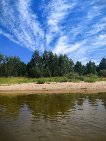 A tranquil beach scene with soft sand, vibrant trees, and wispy clouds mirrored in the calm water....