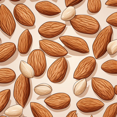 A illustration of almonds, both shelled and unshelled. Perfect for backgrounds and packaging in healthy eating and food ingredient projects. Suitable for print and digital use.の素材