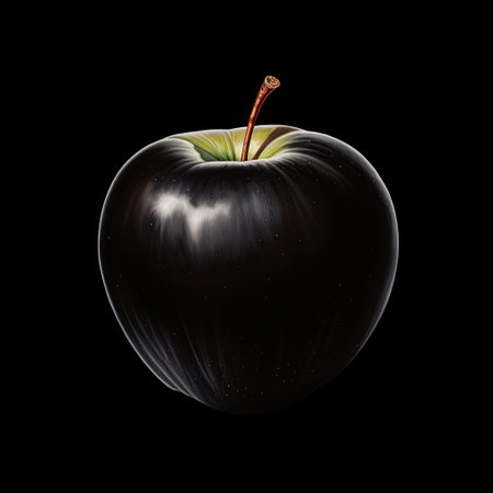 A hyperrealistic of a unique black apple on a black background. The shiny surface features subtle shadows and reflections, ideal for advertising and healthy eating concepts.の素材