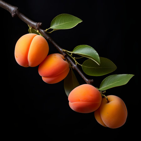 A branch of fresh apricots with green leaves,isolated on a black background. Perfect for showcasing healthy eating, fresh produce, or summer fruit themes. Ideal for food blogs and marketing materials.の素材