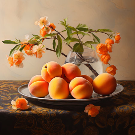 A vibrant still life showcases ripe peaches on a silver tray, paired with delicate blossoms in a glass vase. Ideal for healthy eating themes or food-related promotions.の素材