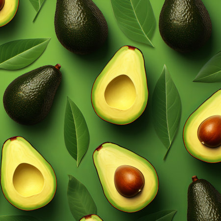 A vibrant pattern featuring ripe avocado halves, some with pits, whole avocados, and fresh green leaves on a solid green background, ideal for healthy lifestyle themes and designs.の素材