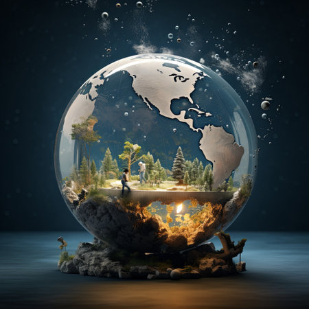 A stunning miniature world inside a glass sphere, showcasing the delicate beauty of our planet and emphasizing the critical need for environmental conservation and sustainable practices.の素材