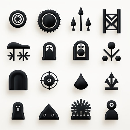 A collection of sixteen black geometric icons, ideal for UI design, branding, and creative projects. Isolated on white, these icons offer versatility for various design applications.の素材