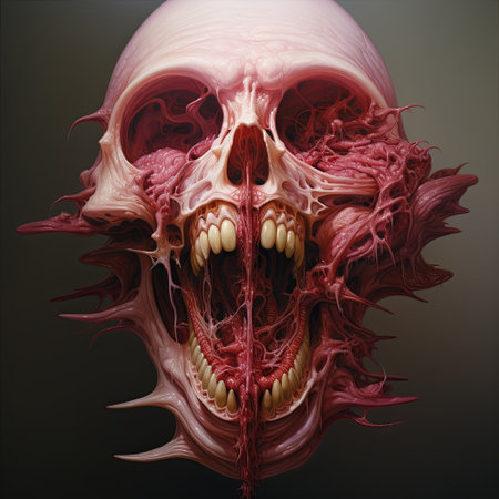 A chilling illustration of a skull with exposed anatomy. Ideal for Halloween and horror themes, this macabre art evokes both fear and fascination, perfect for book covers and posters.の素材