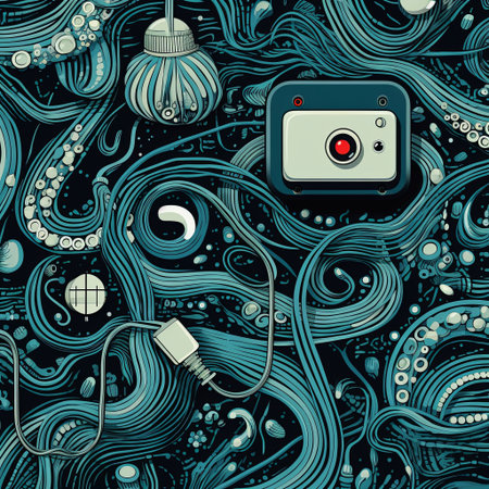 A surreal underwater scene with a floating camera connected by a cable, surrounded by swirling teal octopus tentacles and retro tech elements, perfect for unique designs and wallpapers.の素材