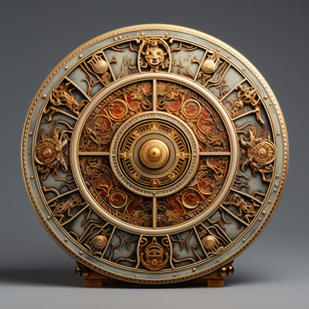Close-up of an ornate wheel with intricate astrological symbols and clockwork details. Suitable for fantasy artwork, historical illustrations, or as a unique decorative element.の素材