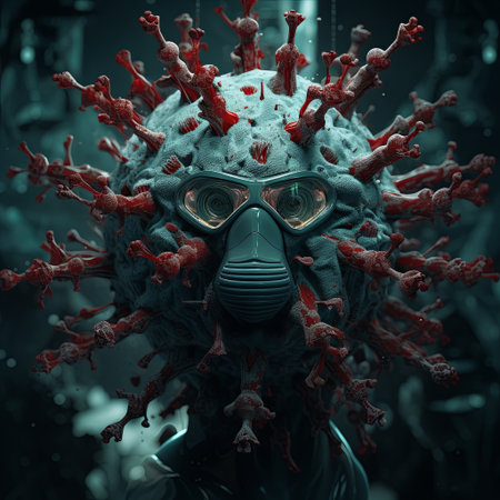 A unique image of a mutated virus characterized by goggles and a respirator, presented in a cyberpunk style. This striking visual effectively conveys themes of medicine and technology.の素材
