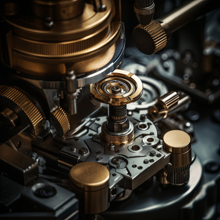 Detailed image of a steampunk machine with visible gears, cogs, and metallic components. Suitable for projects about historical technology, creative artwork, elaborate design, and retro-futurism.の素材