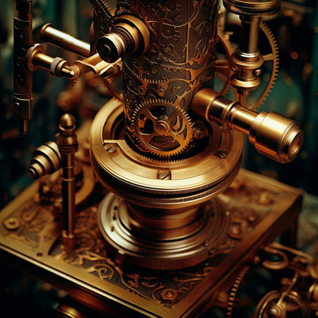 A detailed steampunk mechanism with intricate gears and brass fittings, ideal for creative projects. This vintage-inspired design adds elegance to graphics, digital art, and historical themes.の素材