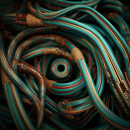 An abstract close-up of interwoven teal and bronze cables forms a complex network. Ideal for backgrounds and illustrating connectivity, technology, and data flow in creative projects.の素材