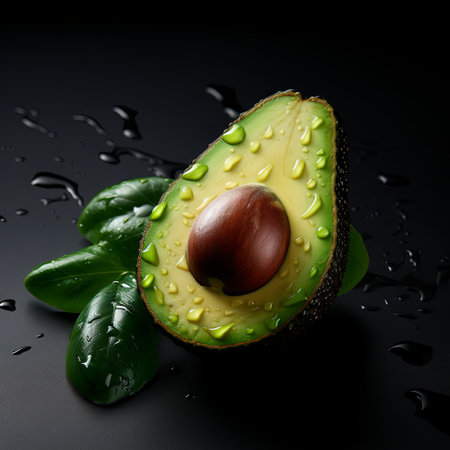 A halved avocado with its seed, next to a whole avocado and a green leaf. Perfect for showcasing healthy eating, fresh produce, and culinary themes in food-related projects.の素材