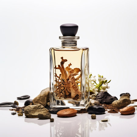 This elegant transparent glass bottle features a lovely assortment of dried plants inside, topped with a sleek black lid and complemented by an attractive mix of black and white pebbles.の素材
