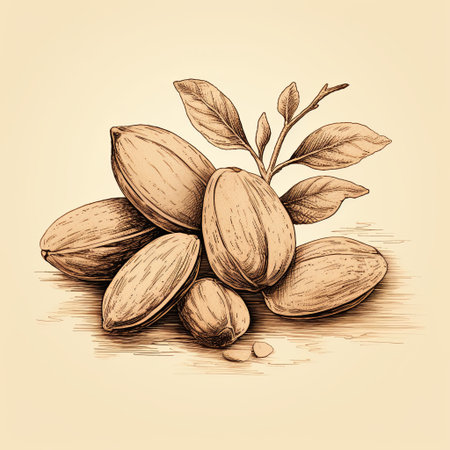 A detailed sketch of almonds with delicate leaves, showcasing the natural beauty and health benefits of almonds. Ideal for use in food packaging, menus, or educational materials about nutrition.の素材