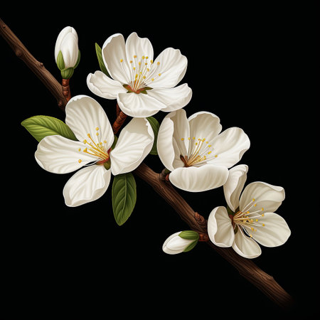 A detailed illustration of a cherry blossom branch featuring delicate white flowers and buds on a black background. Ideal for spring designs, invitations, and creative projects.の素材