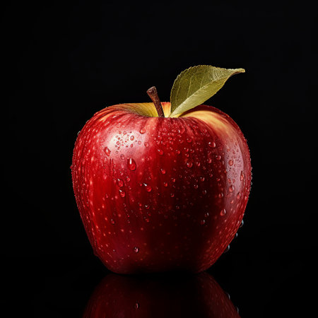 A ripe red apple, glistening with water droplets, is set against a black background. This image symbolizes healthy eating, freshness, and natural beauty, ideal for food blogs and advertisements.の素材