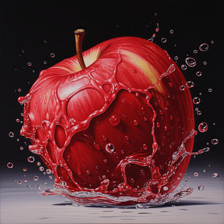 A hyperrealistic painting of a fresh red apple splashing into clear water, showcasing the beauty of healthy eating. The black background enhances the apple s vibrant color and dynamic movement.の素材