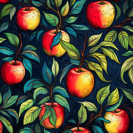 A pattern of ripe, juicy apples among vibrant green leaves. Perfect for textiles and wallpapers, this design evokes a fresh, orchard-inspired aesthetic for various creative projects.の素材