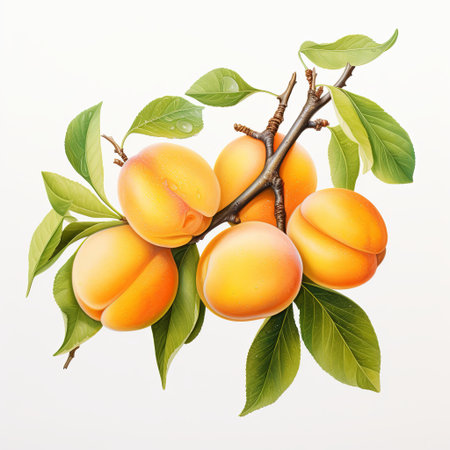 Fresh apricots hanging on a branch with green leaves, set against a white background. Perfect for showcasing seasonal fruits, healthy eating, or agricultural concepts.の素材