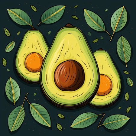 Three avocado halves, one with its pit, surrounded by fresh green leaves on a dark background. Ideal for food projects, healthy eating themes, or culinary designs. Fresh and vibrant.の素材