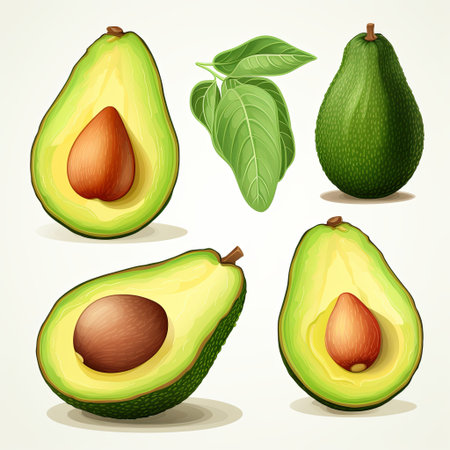 A vibrant stock image showcasing fresh avocados, both whole and halved, surrounded by lush green leaves. Ideal for healthy eating concepts, recipes, and culinary projects in food blogs.の素材
