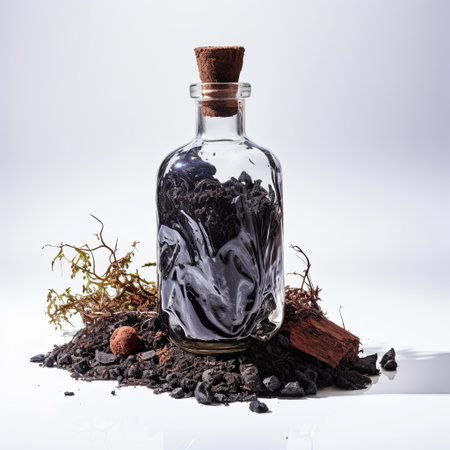 A small glass bottle filled with rich black soil, sealed with a cork stopper, rests atop a pile of soil adorned with dry plants, roots, and small rocks, creating a natural, rustic aesthetic.の素材