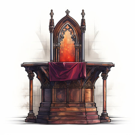 A gothic church altar with an ornate design, featuring a stunning archway and a captivating red glow. Ideal for religious themes and fantasy illustrations, showcasing spiritual significance.の素材