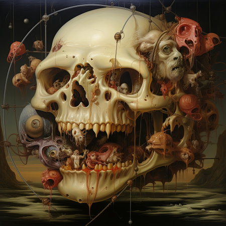A surreal artwork of a skull featuring grotesque elements. Ideal for horror or fantasy themes, this piece adds a unique and disturbing visual element to creative projects.の素材