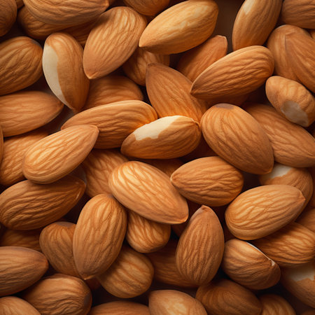 A close-up image of a pile of almonds is showcased, emphasizing their natural texture and rich colors. This image is ideal for promoting healthy snacks, recipes, and various food-related projects.の素材