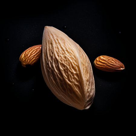 A high-contrast food photo showcasing three fresh almonds on a solid black background. Perfect for highlighting healthy snacks and natural food beauty for editorial use.の素材