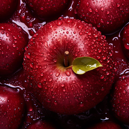 Delight in the freshness of vibrant red apples, glistening with water droplets. This image embodies the essence of health and nature s bounty, perfect for promoting healthy eating.の素材