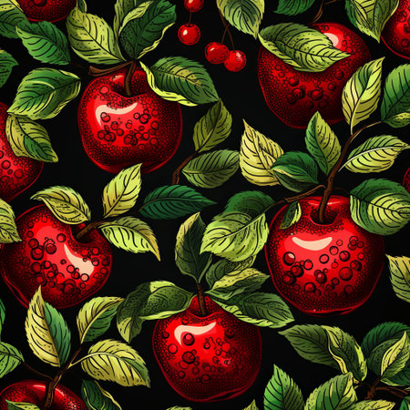 A vintage-inspired illustration showcasing a bountiful apple harvest. Ripe red apples dangle from branches surrounded by vibrant green and yellow leaves, evoking rustic charm.の素材